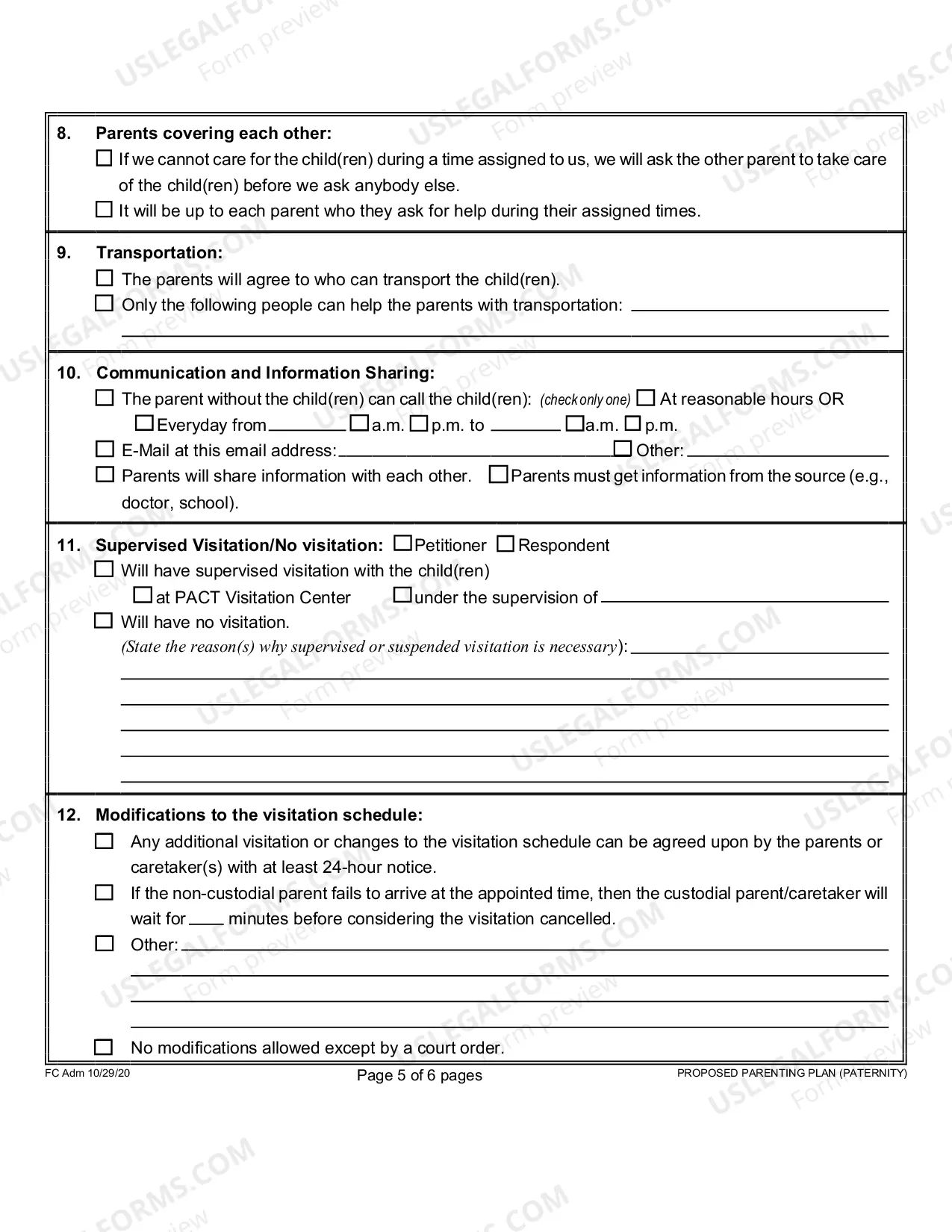 Preview Proposed Parenting Plan for Paternity - First Circuit