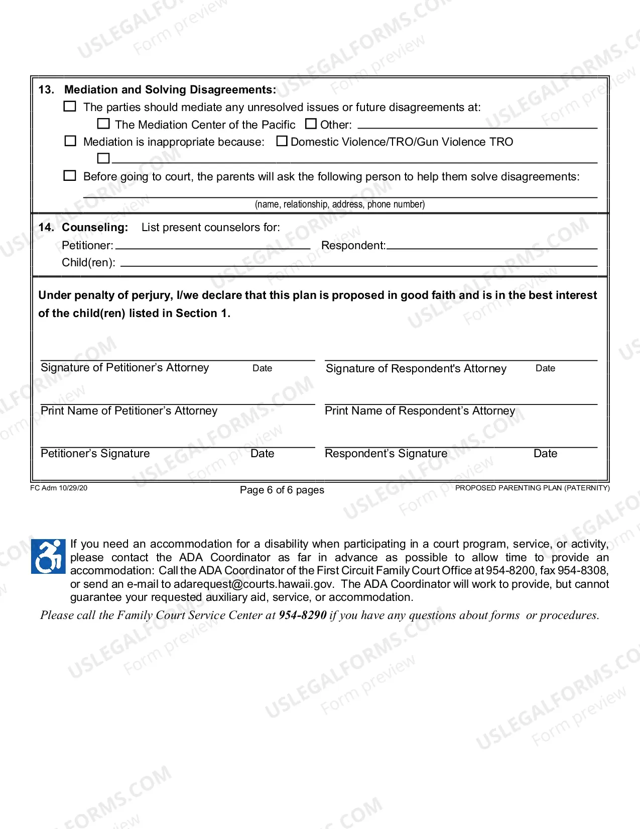 Preview Proposed Parenting Plan for Paternity - First Circuit