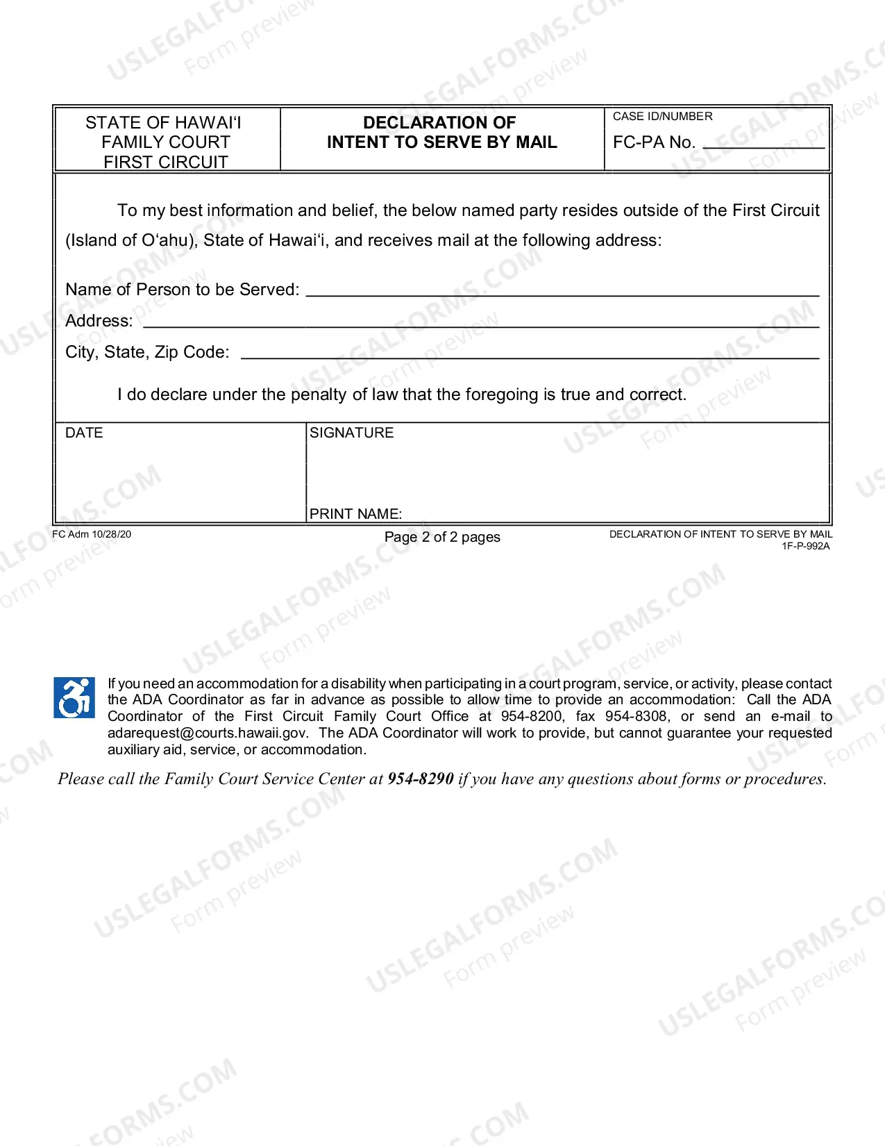 Preview Declaration of Intent to Serve by Mail for Paternity - First Circuit