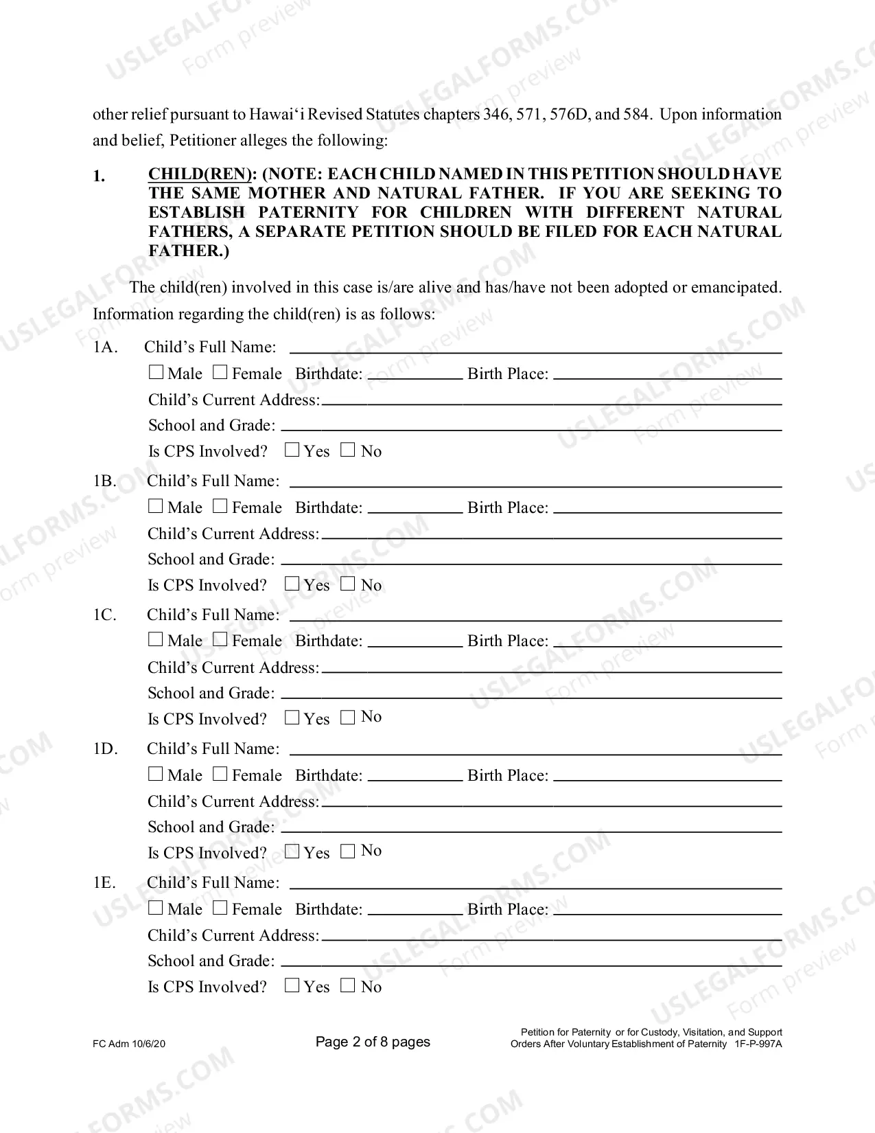 Preview Petition for Paternity or for Custody, Visitation, and Support Orders after Voluntary Establishment of Paternity - First Circuit