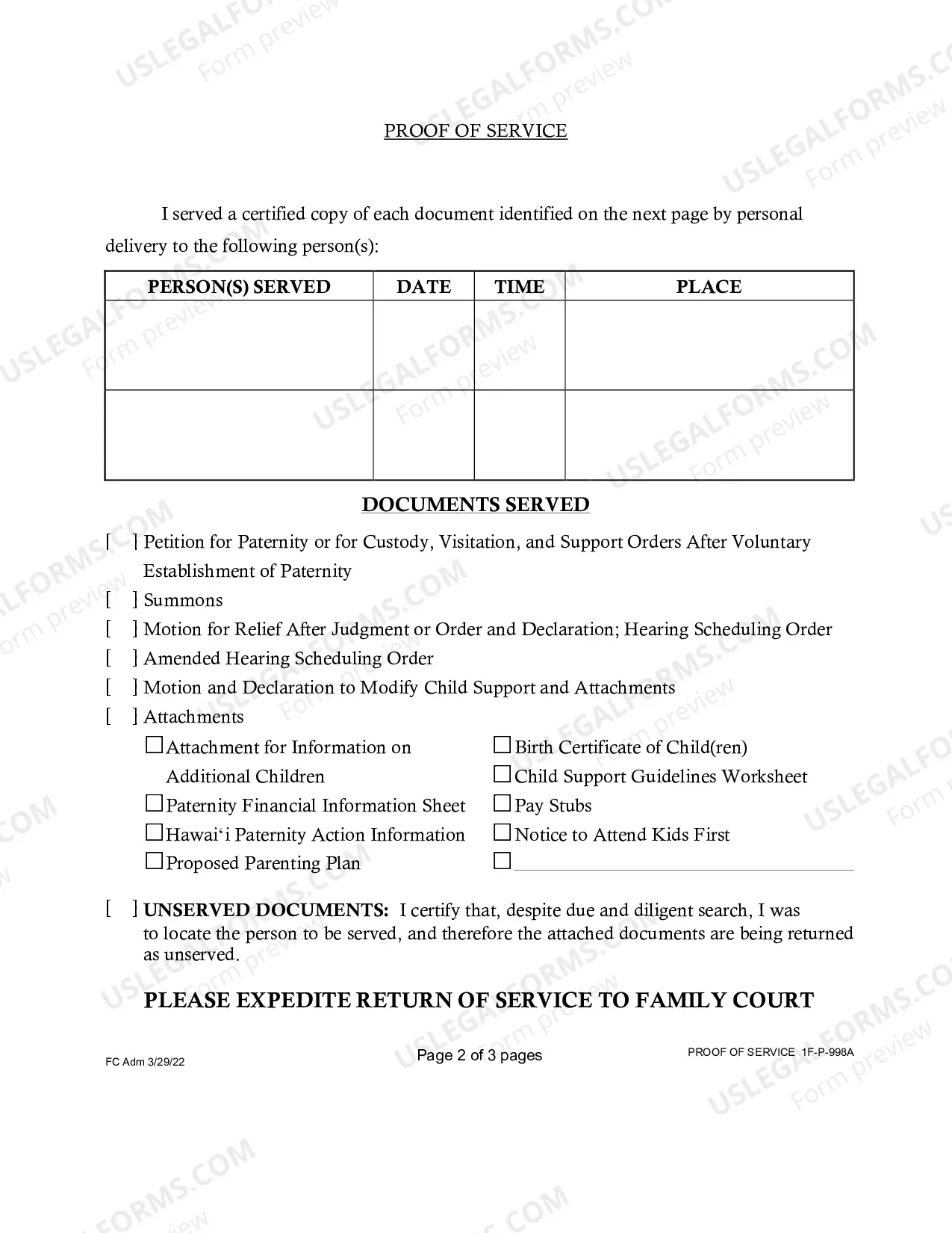 Preview Proof of Service for Paternity - First Circuit