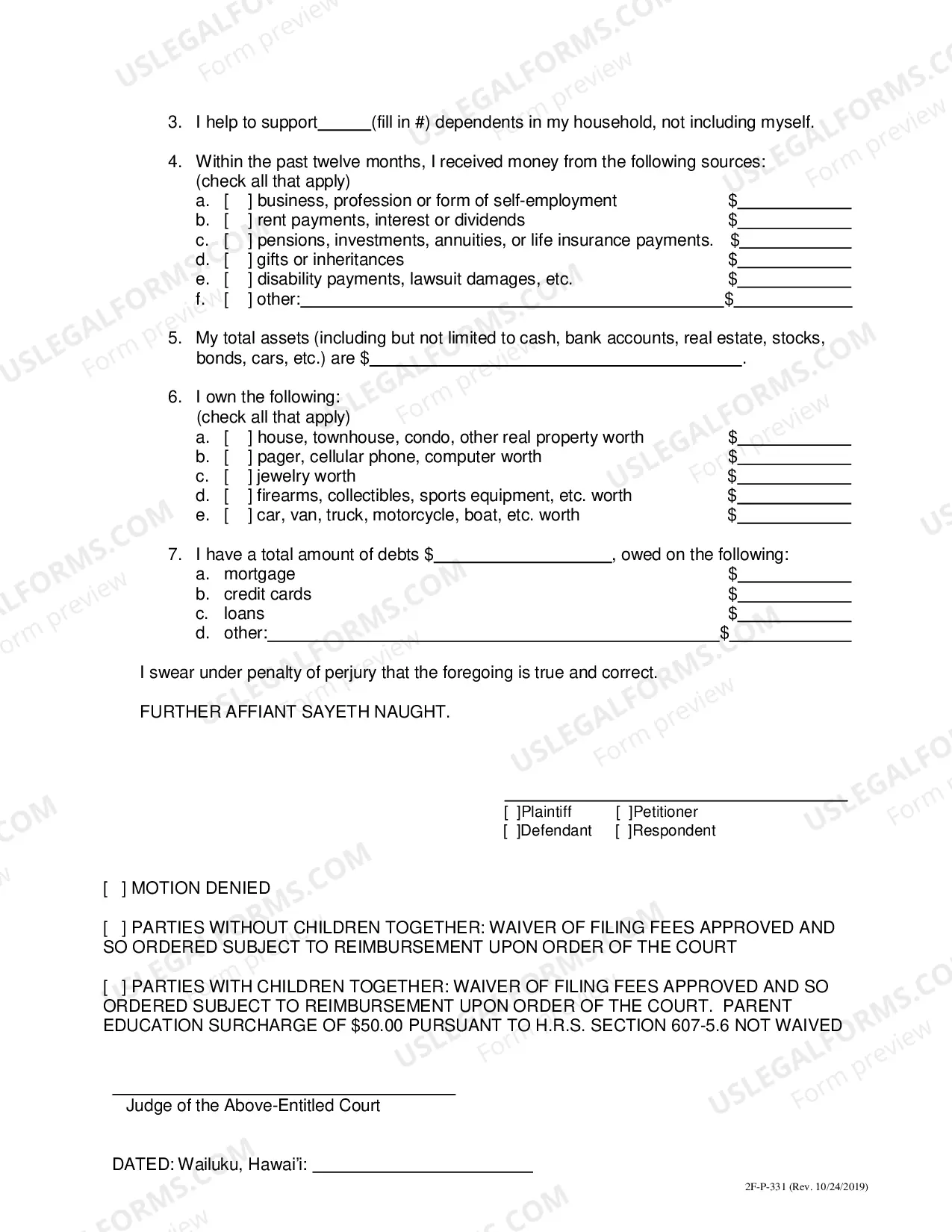 Preview Ex Parte Motion and Affidavit to Waive Filing Fees - Second Circuit