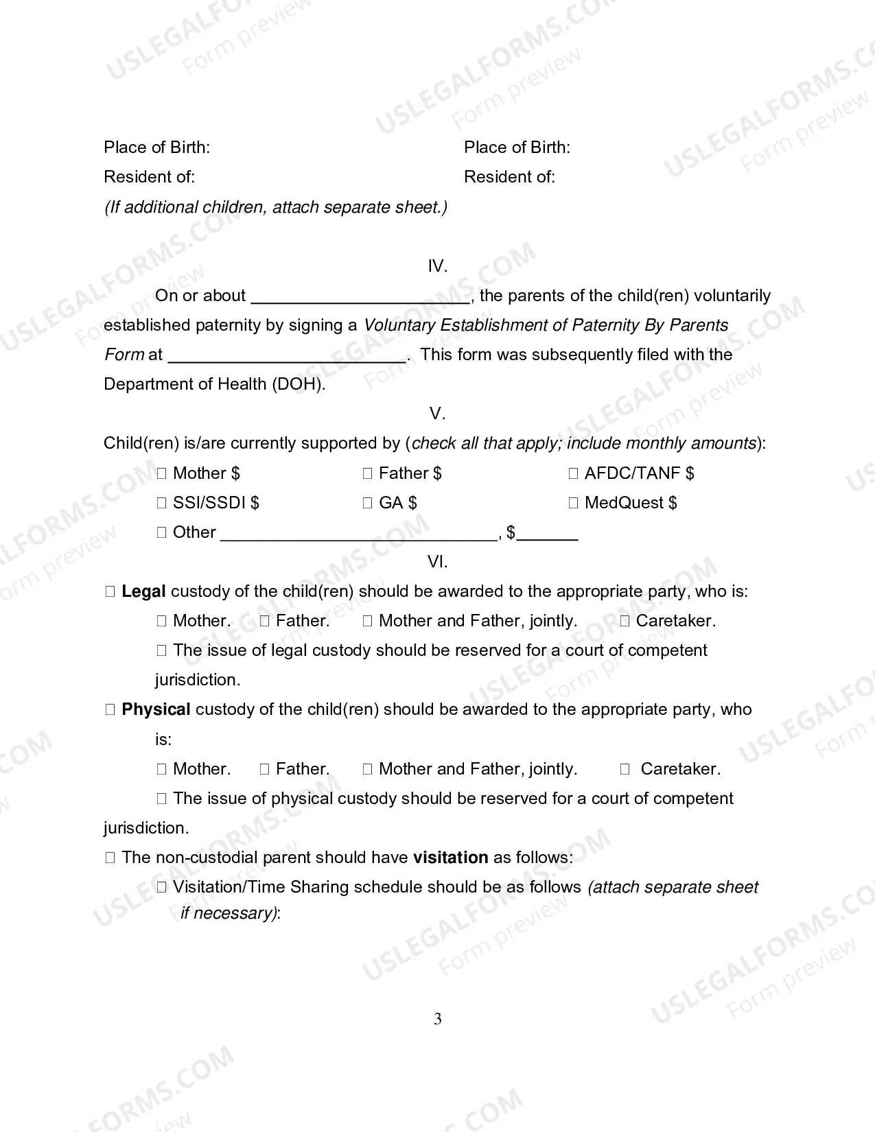 Preview Petition for Custody, Visitation, Support Orders after Voluntary Establishment of Paternity - Second Circuit