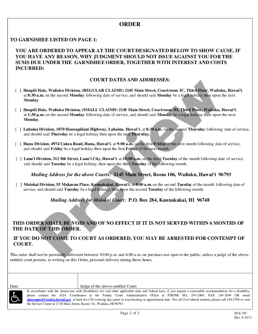 Hawaii Motion for Order to Show Cause on Garnishee Garnishee Order To