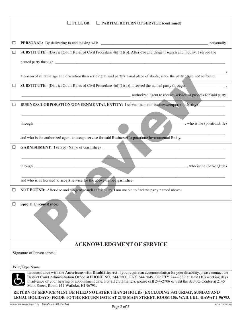 Hawaii Return of Service US Legal Forms