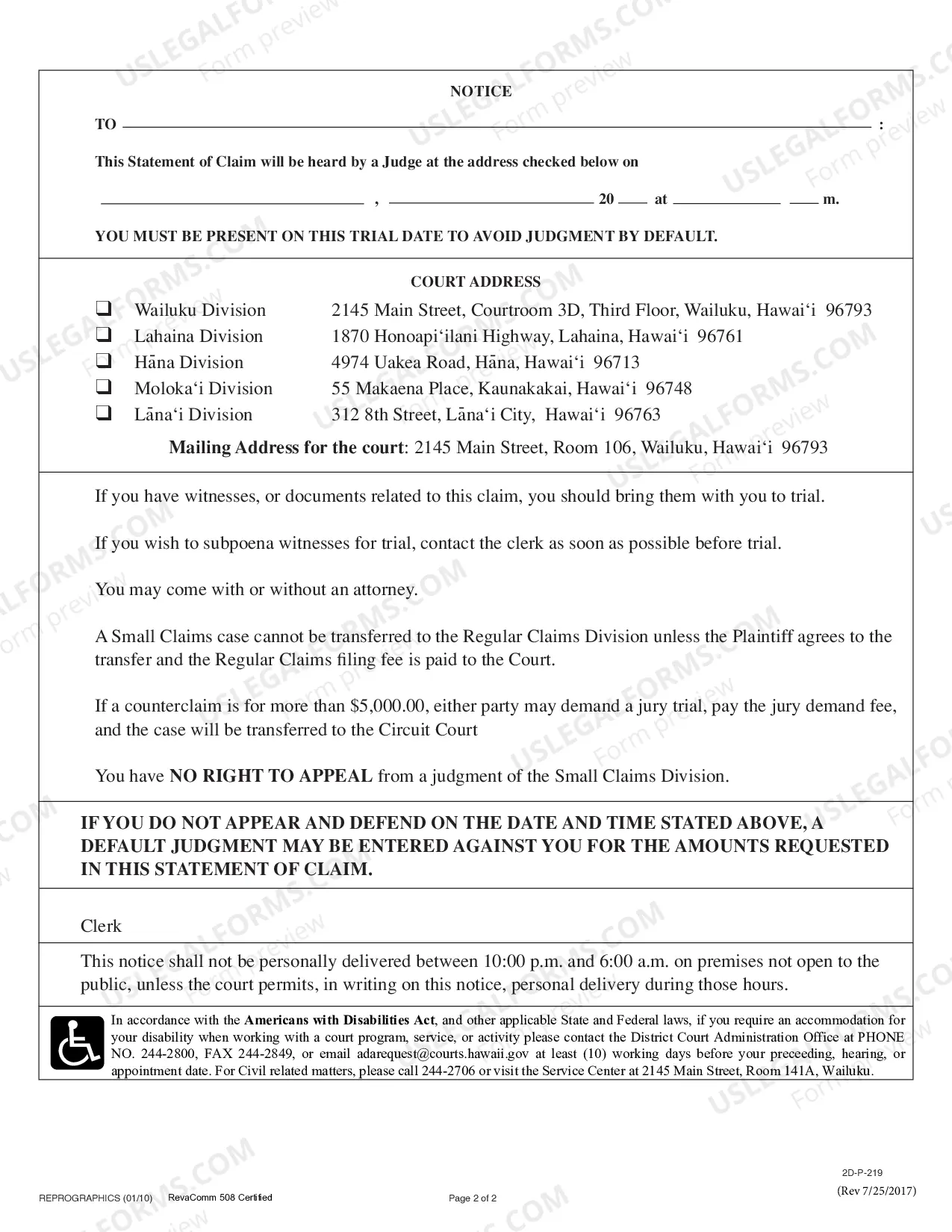 Preview Statement of Claim - General Form