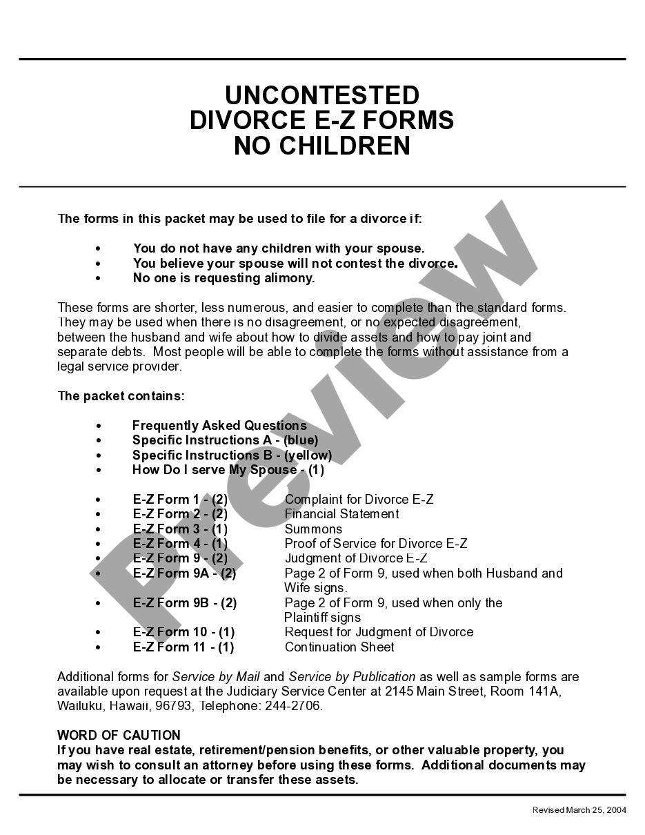 page 0 Uncontested Divorce Forms - without children preview