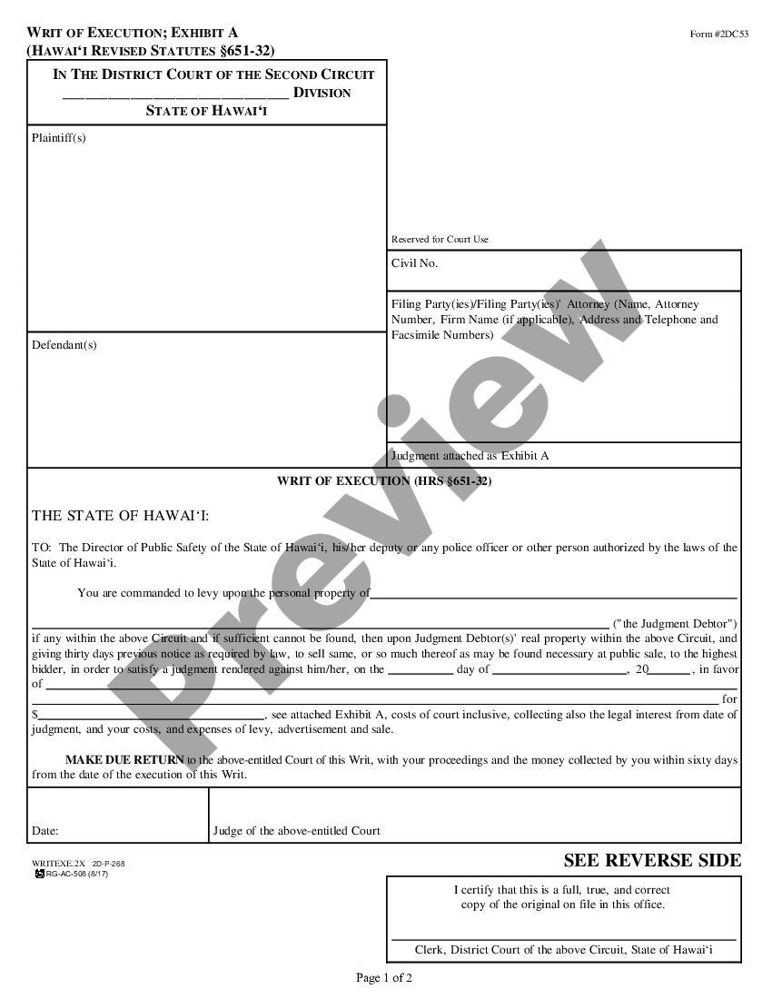 Hawaii Writ of Execution US Legal Forms