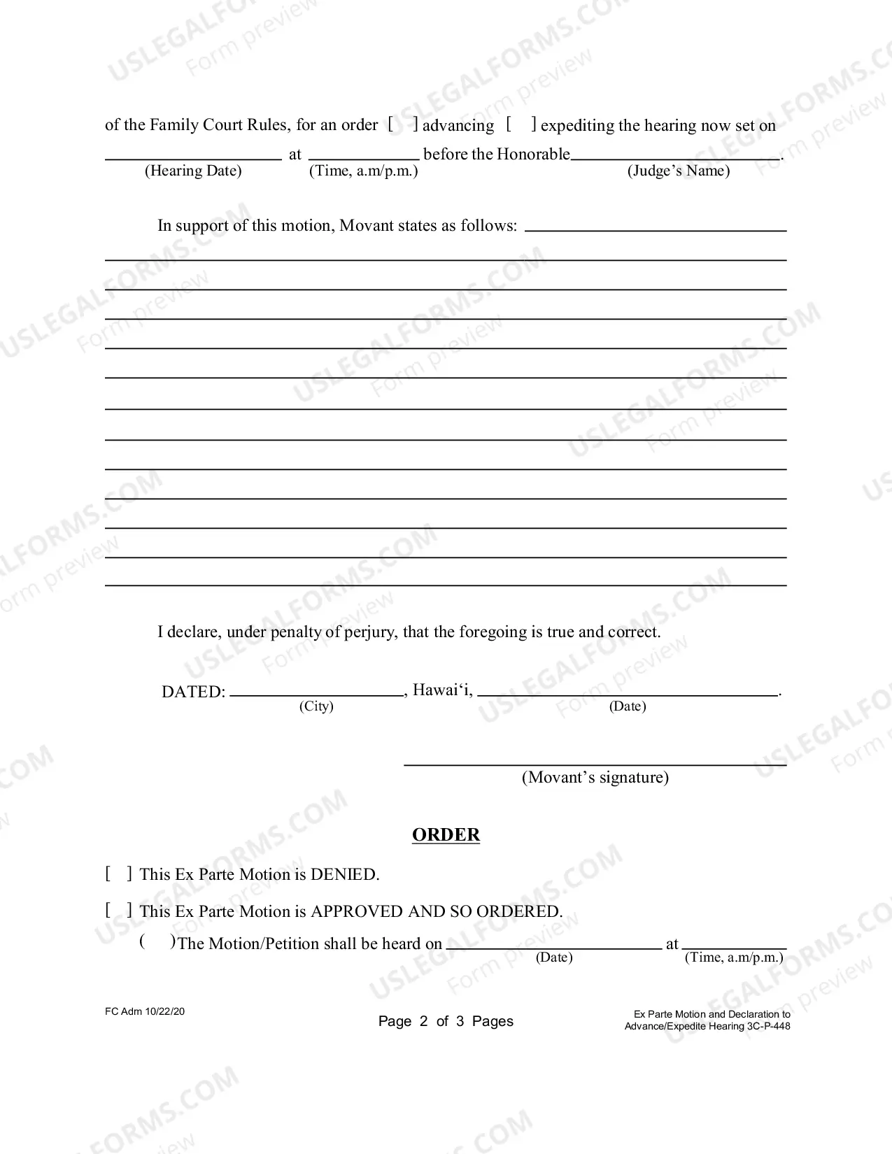 Preview Ex Parte Motion and Declaration to Advance/Expedite Hearing and Order for Family Court - Third Circuit