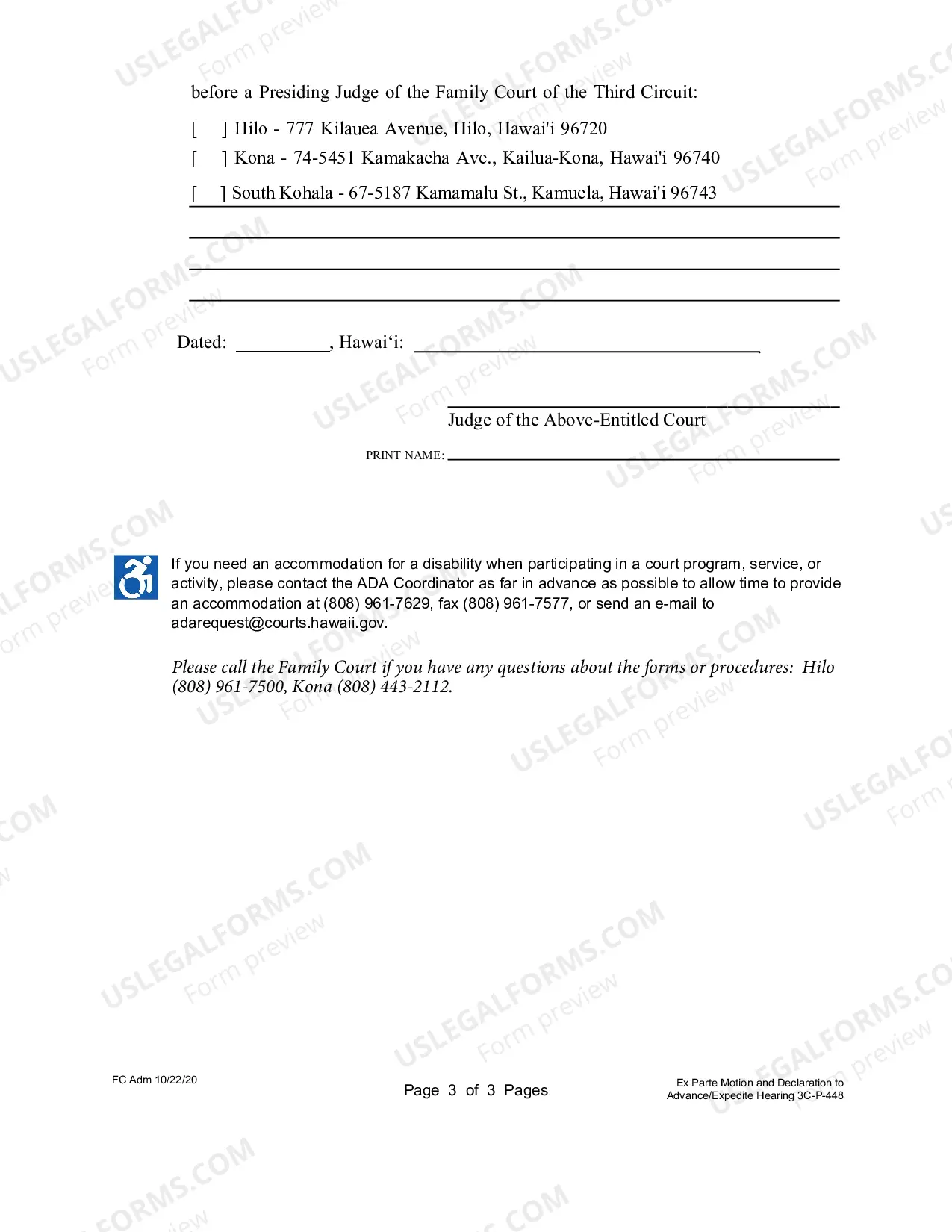 Preview Ex Parte Motion and Declaration to Advance/Expedite Hearing and Order for Family Court - Third Circuit