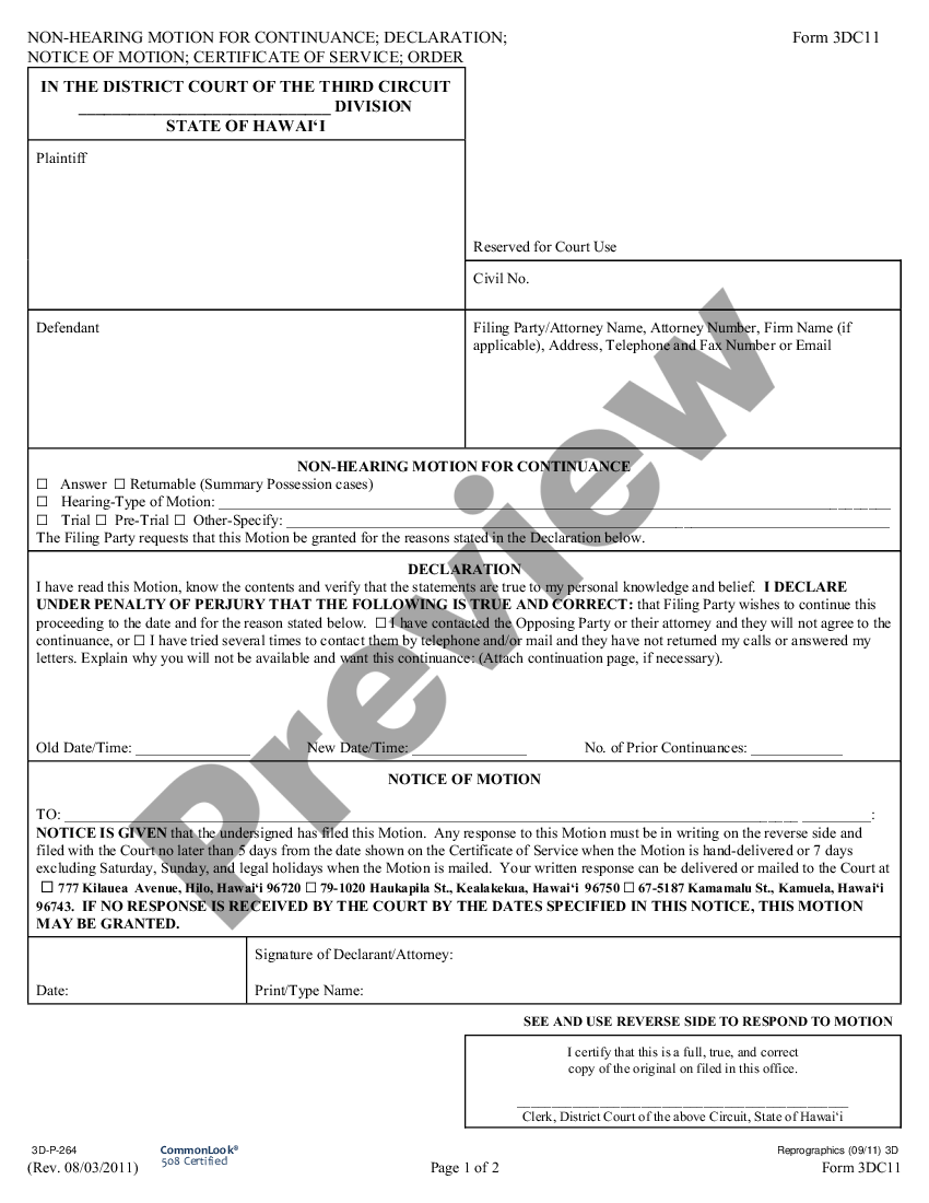 Non Hearing Motion For Continuance US Legal Forms