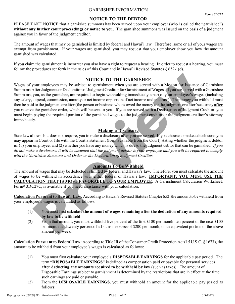 page 0 Hawaii Garnishee Information preview