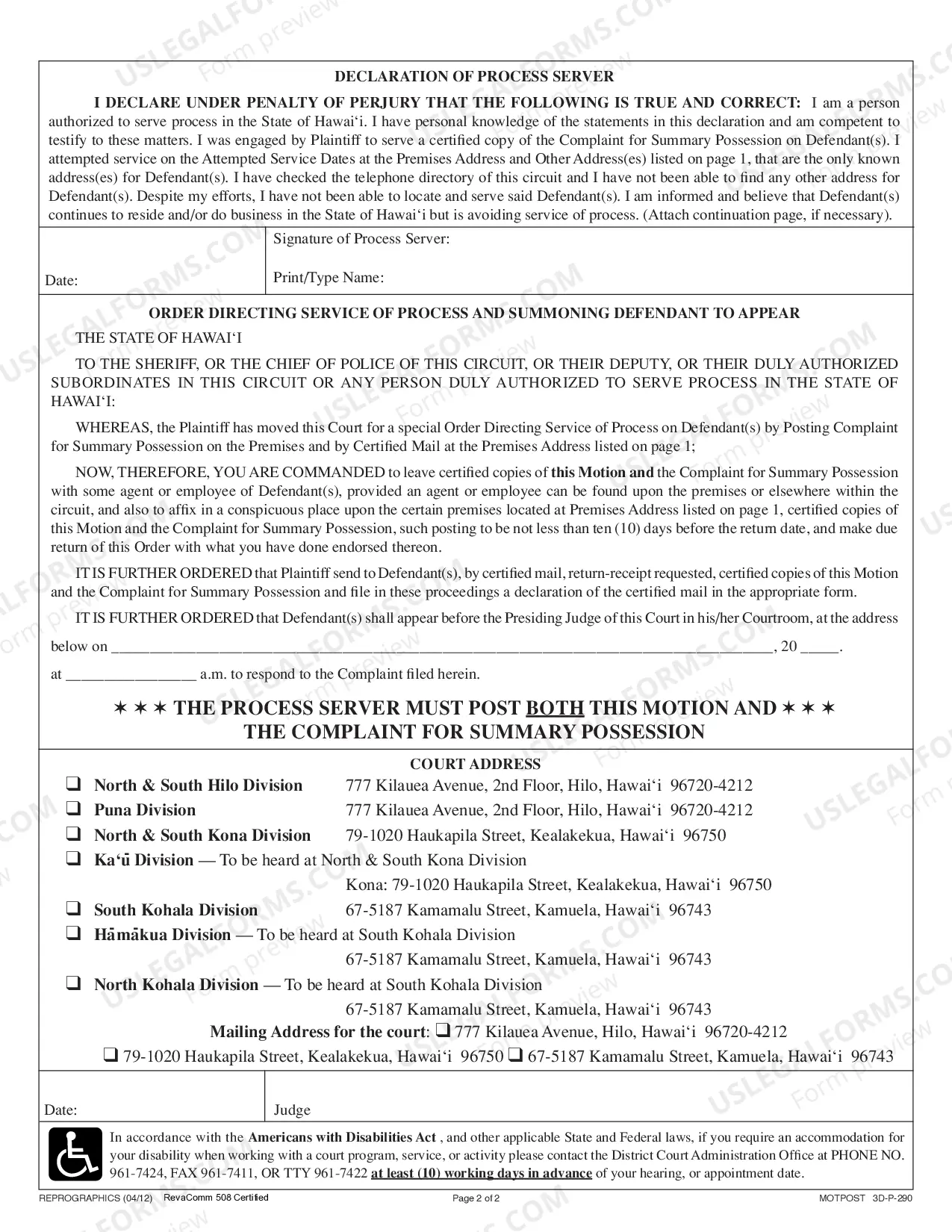 Preview Motion for Service of Process By Posting and By Certified Mail