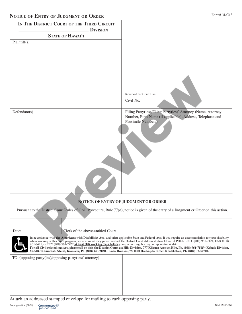 Hawaii notice of entry of judgment us legal forms