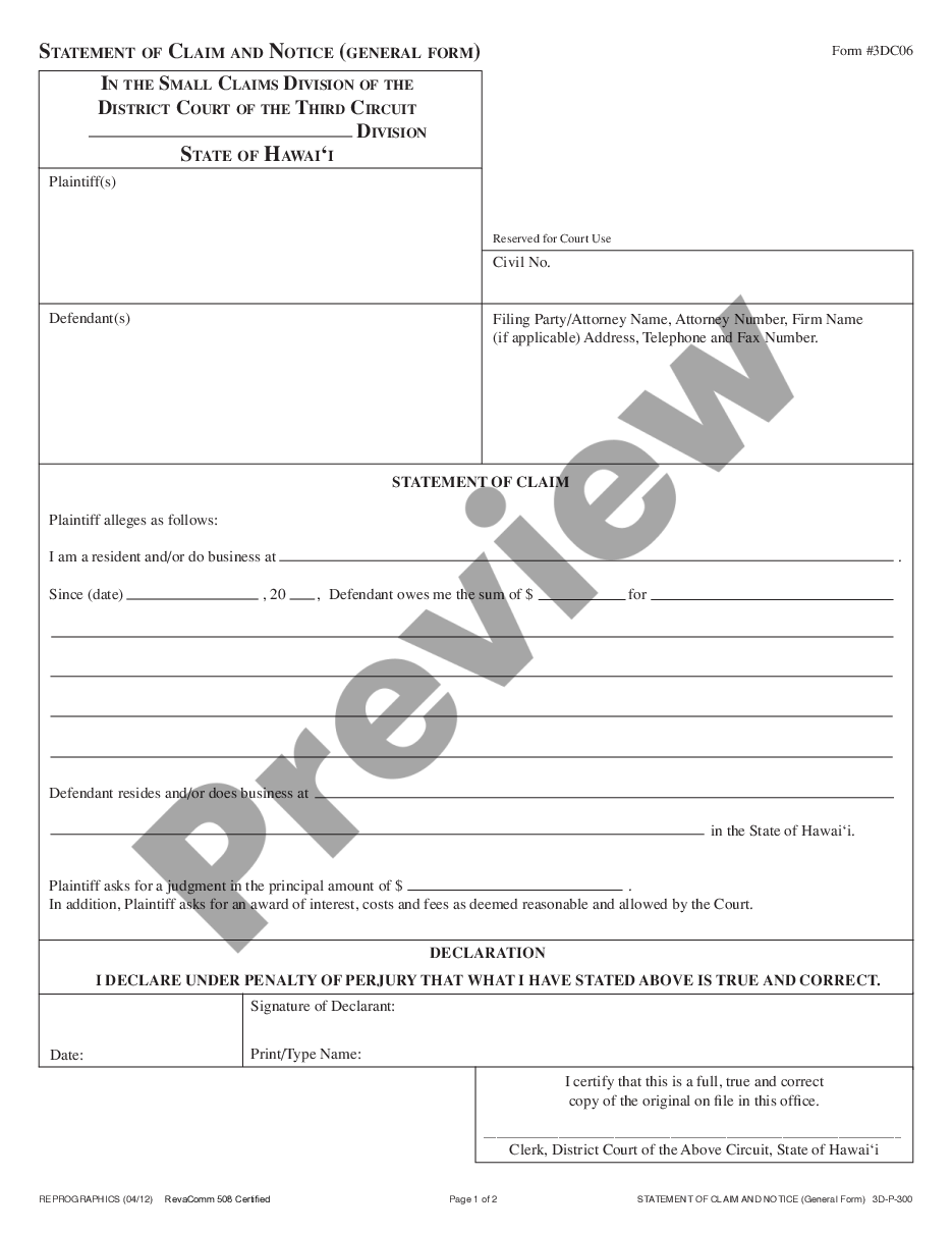 page 0 Statement of Claim - General Form preview