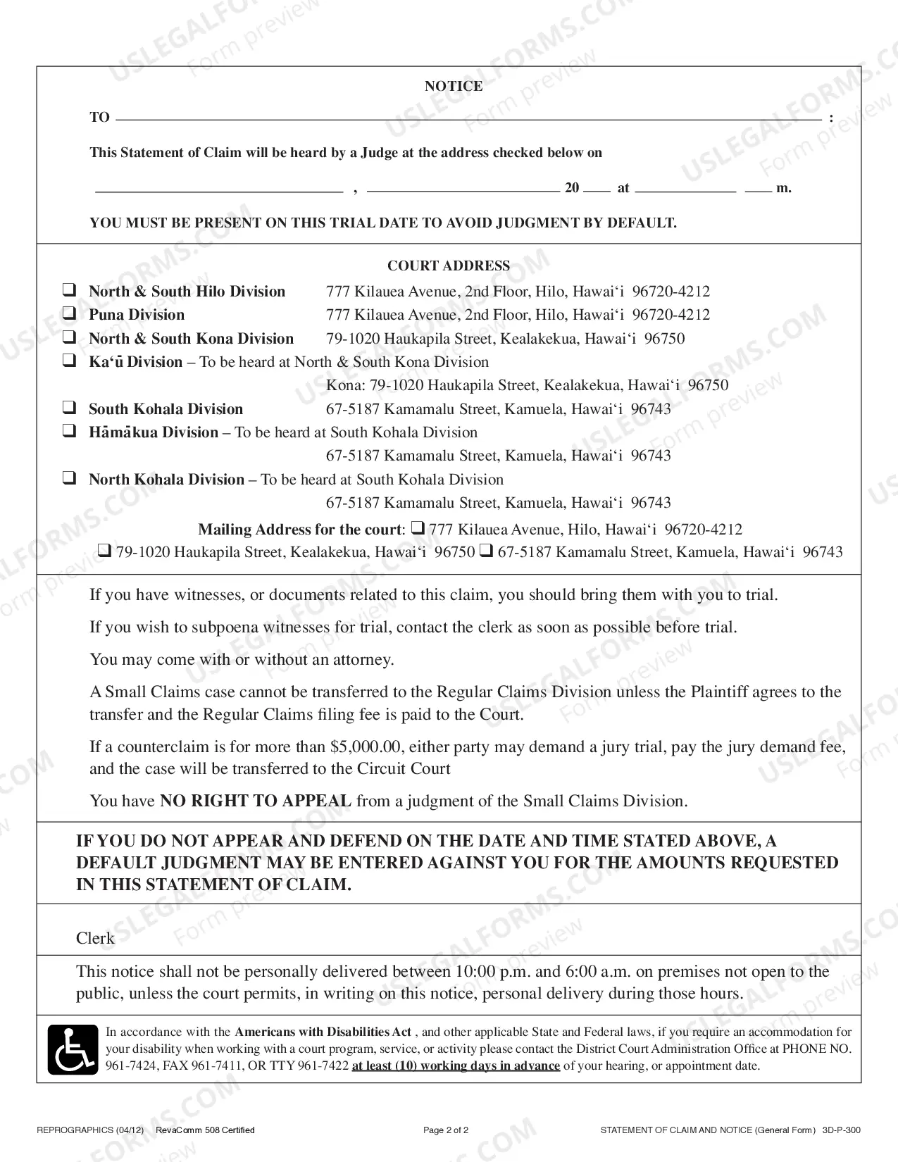 Preview Statement of Claim - General Form