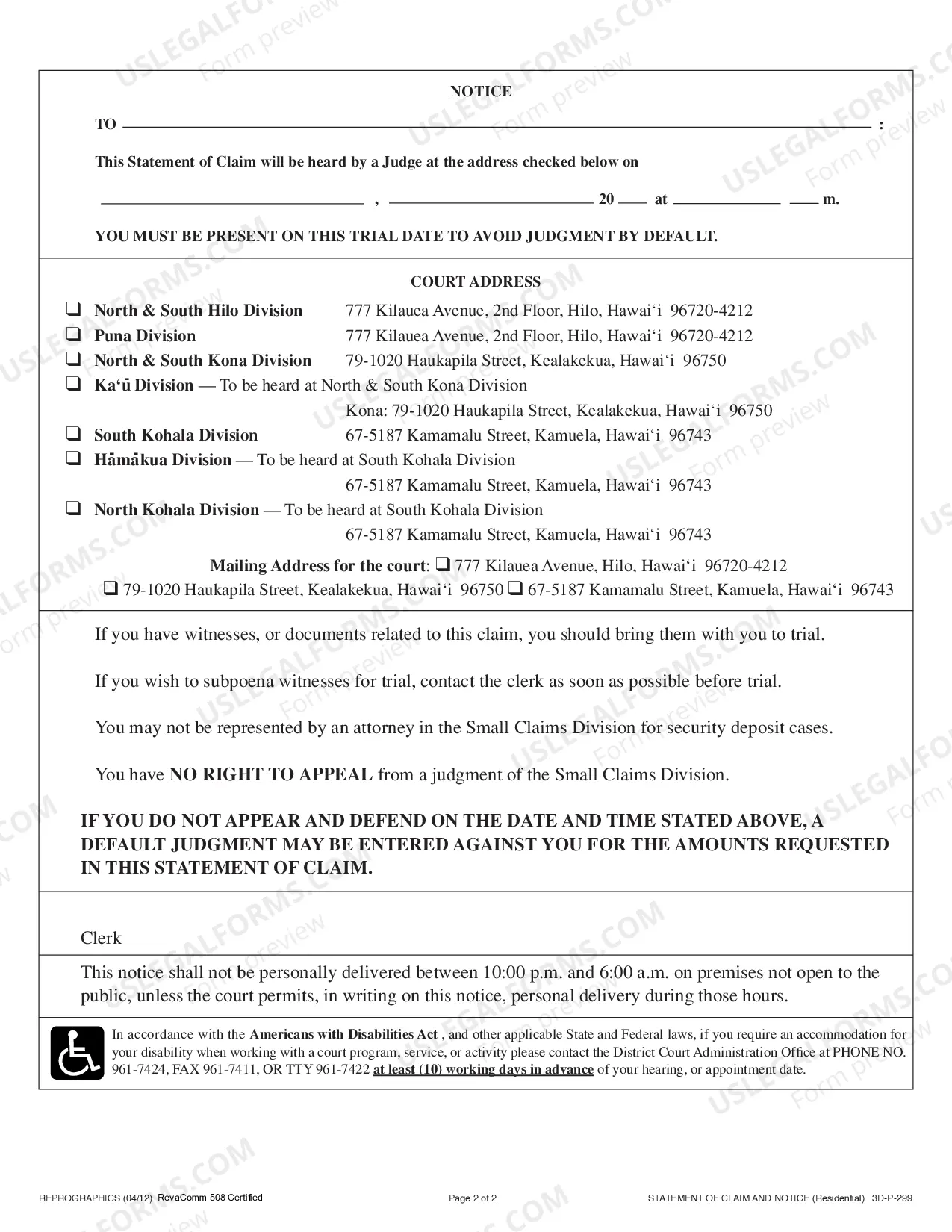 Preview Statement of Claim - Security Deposit