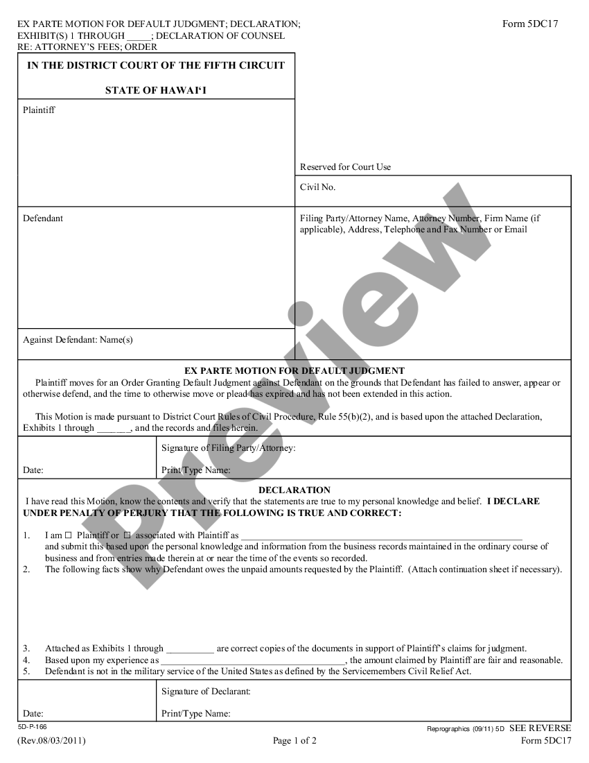 Hawaii Motion for Default Judgment Declaration Order Granting