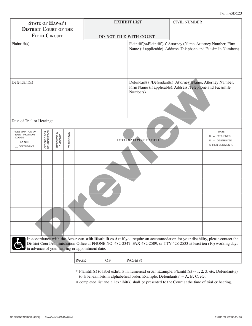 hawaii-exhibit-list-us-legal-forms