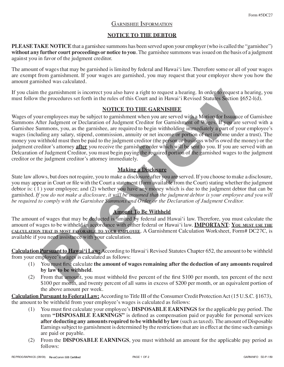 page 0 Hawaii Garnishee Information preview