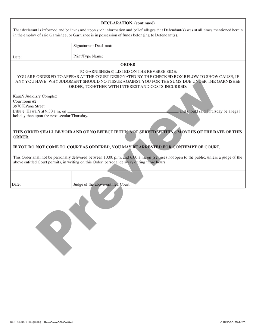 page 1 Motion for Order to Show Cause on Garnishee - Declaration and Order preview