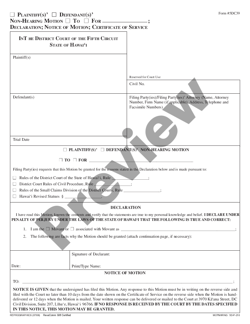 Hawaii Motion for Hearing US Legal Forms