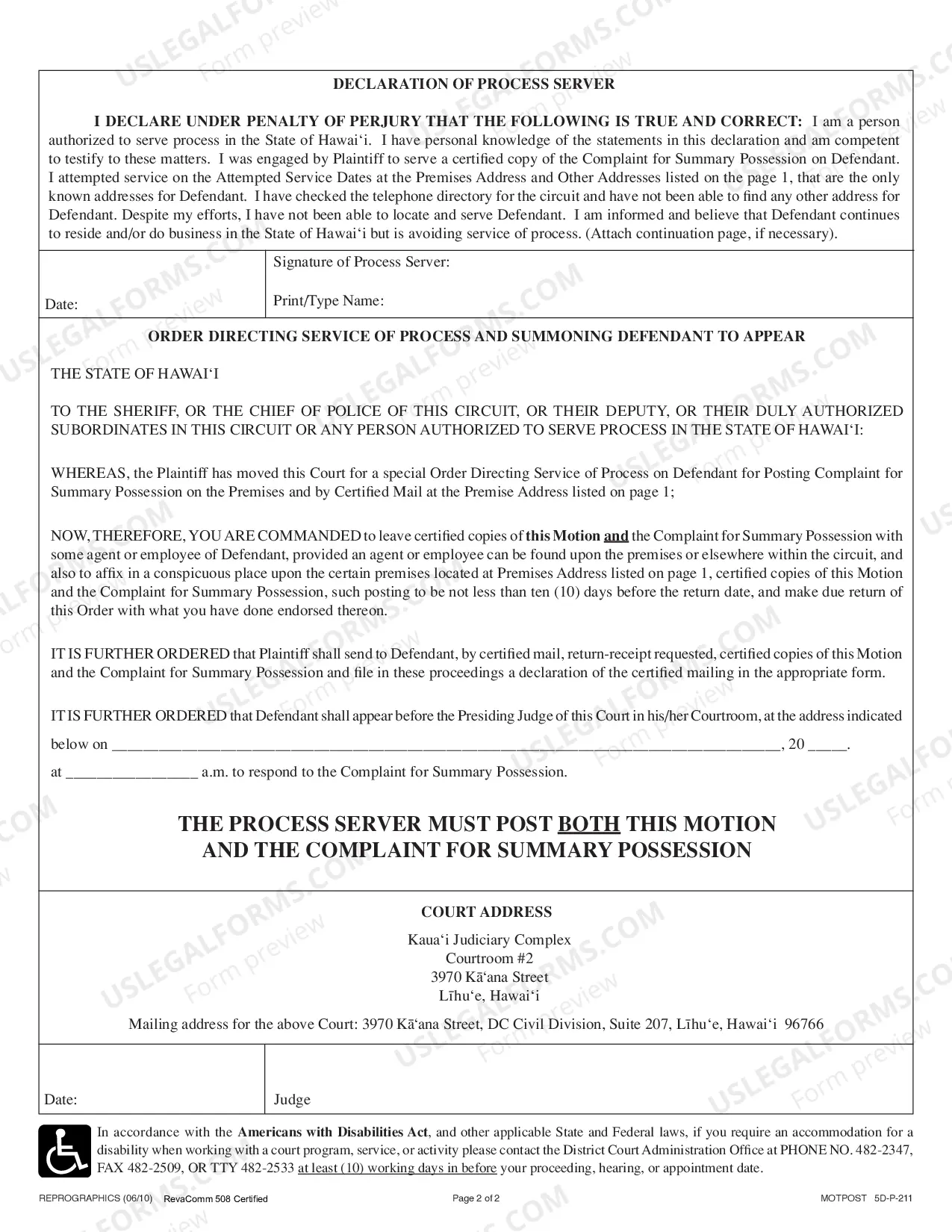 Preview Motion for Service of Process By Posting and By Certified Mail