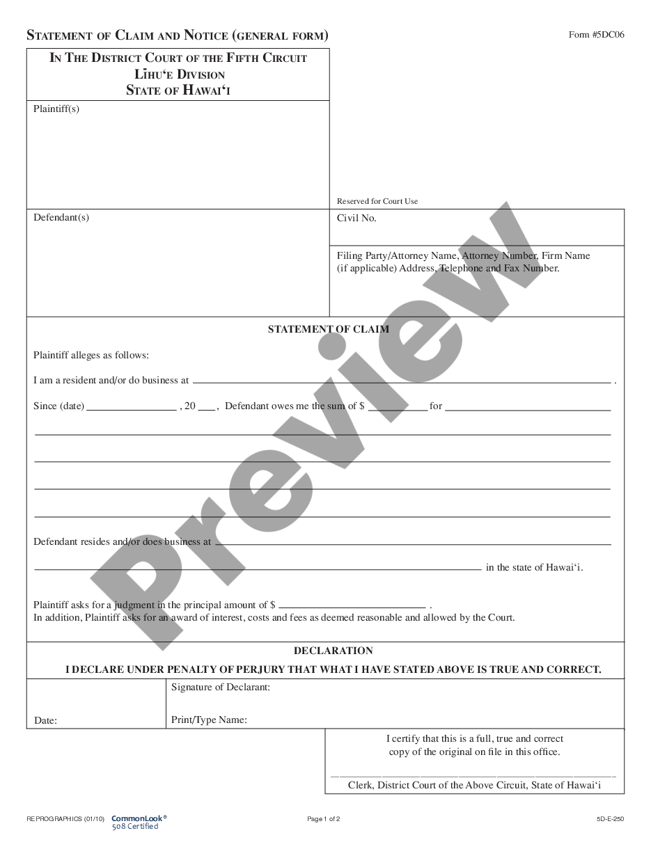 page 0 Statement of Claim - General Form preview