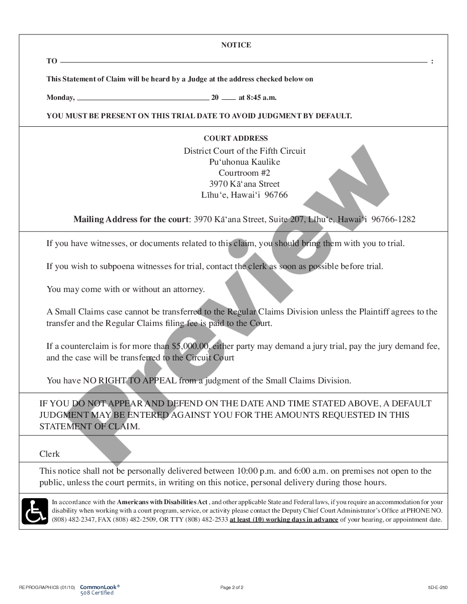 page 1 Statement of Claim - General Form preview