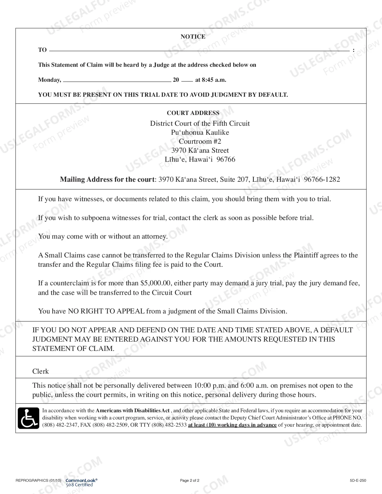Preview Statement of Claim - General Form