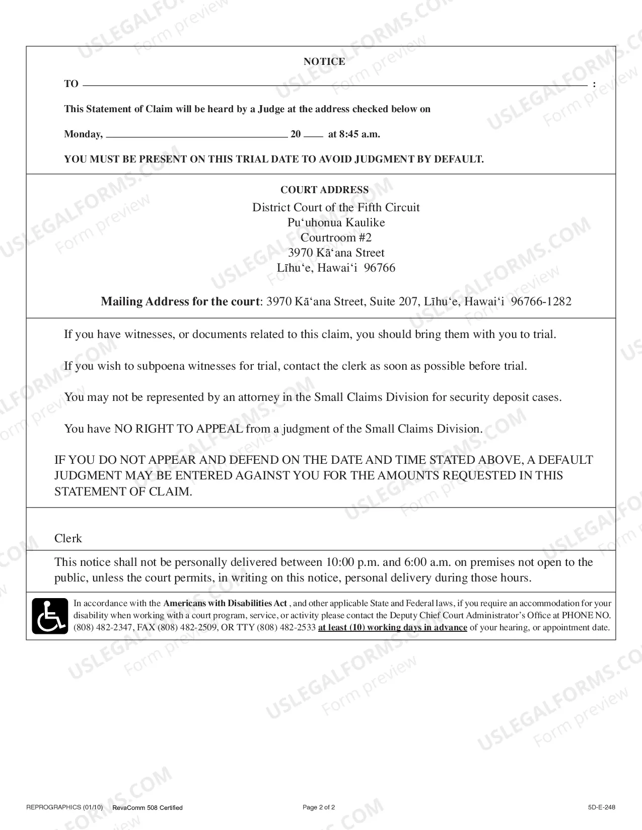 Preview Statement of Claim - Security Deposit