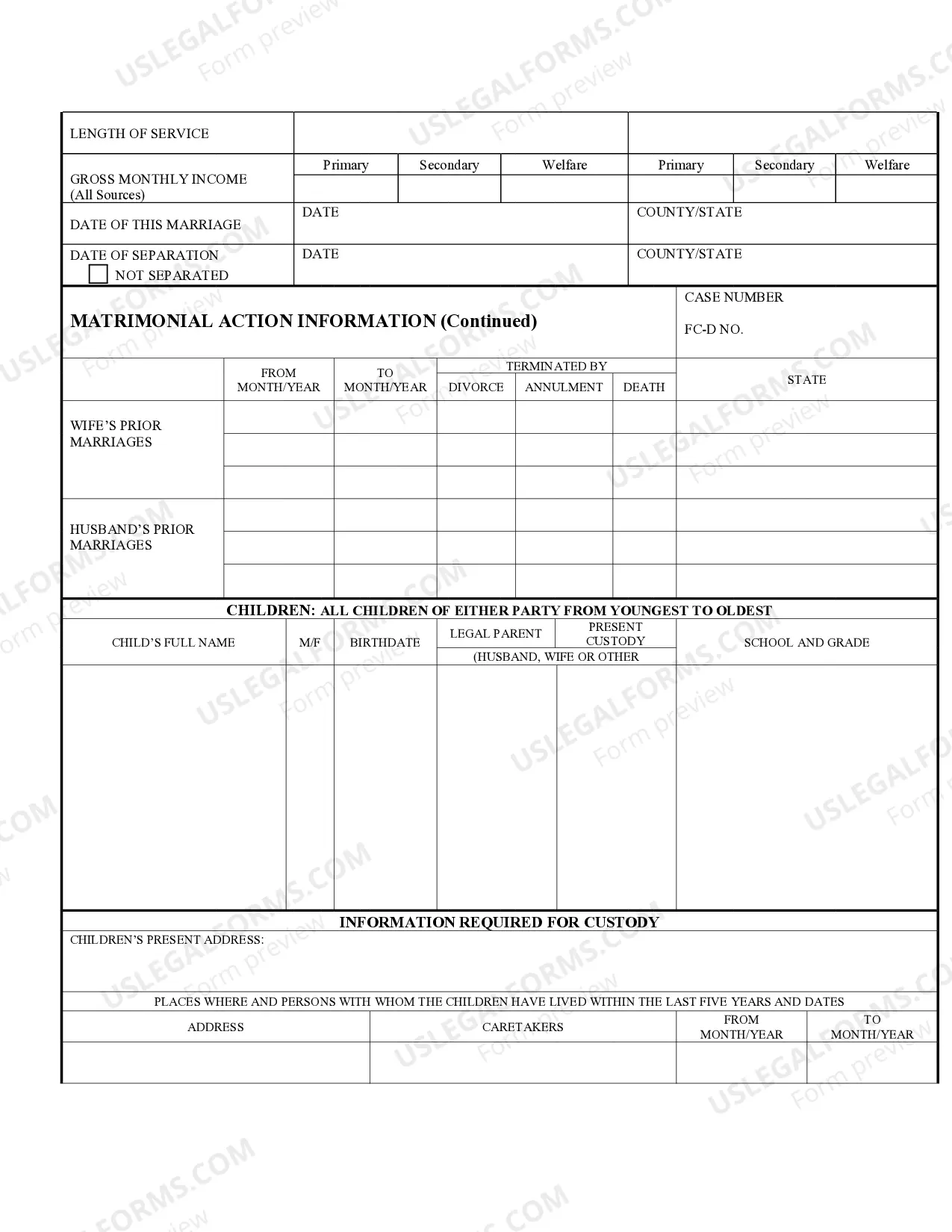 Preview Matrimonial Action Information Sheet