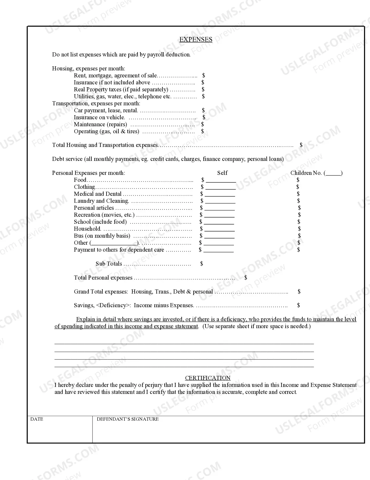 Preview Income and Expense Statement of Defendant - your spouse