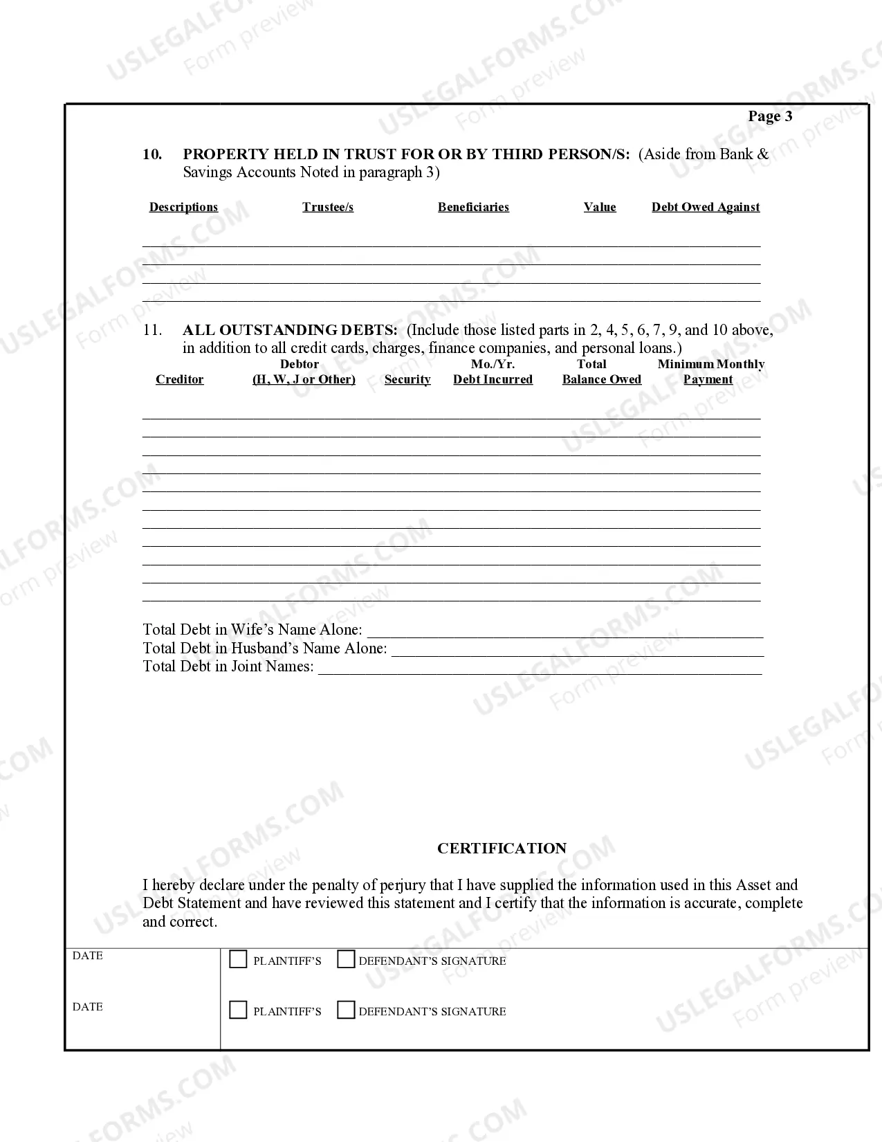 Preview Asset and Debt Statement