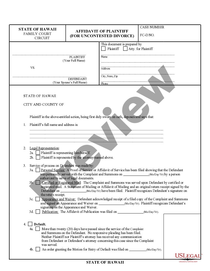hawaii affidavit of plaintiff for uncontested divorce us