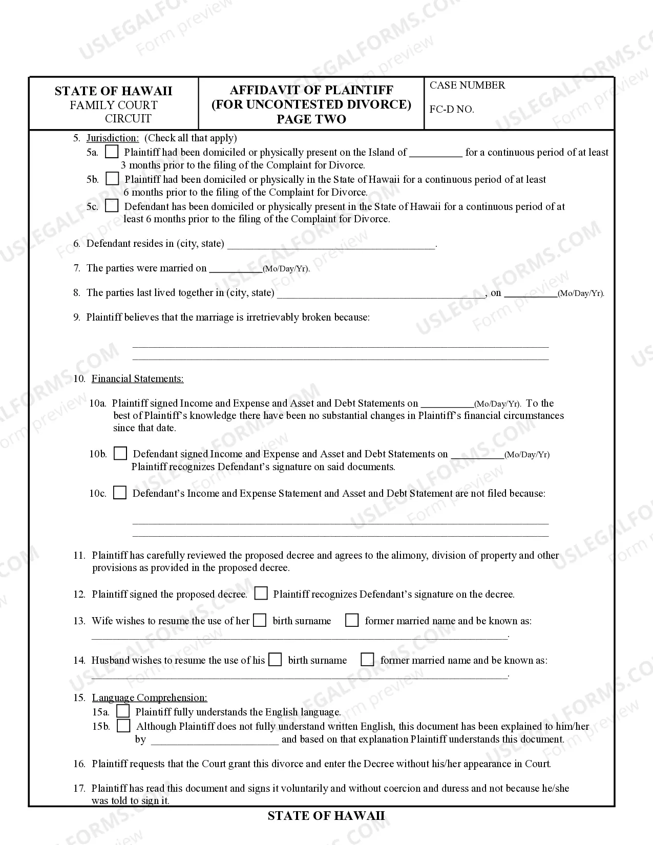 Preview Affidavit of Plaintiff For Uncontested Divorce