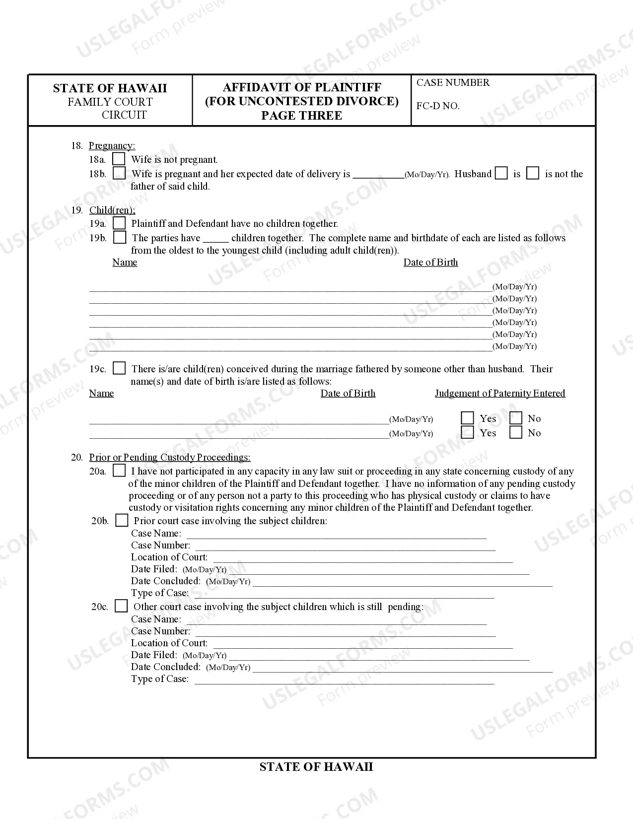 Preview Affidavit of Plaintiff For Uncontested Divorce