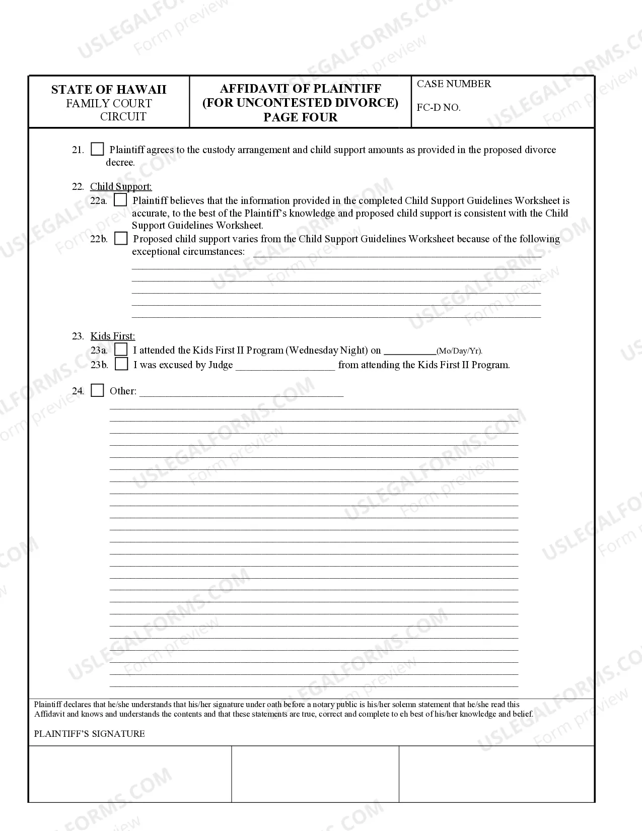 Preview Affidavit of Plaintiff For Uncontested Divorce