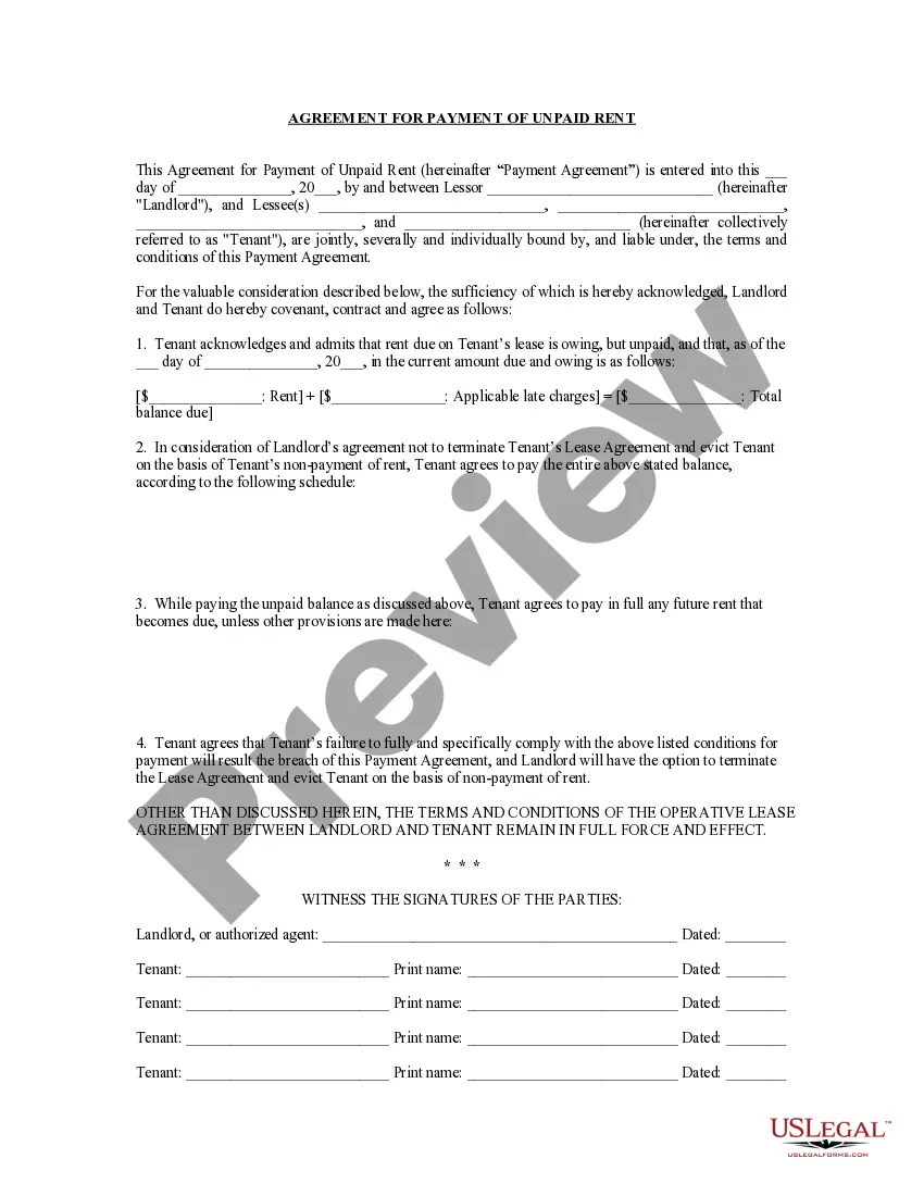 Preview Agreement for Payment of Unpaid Rent