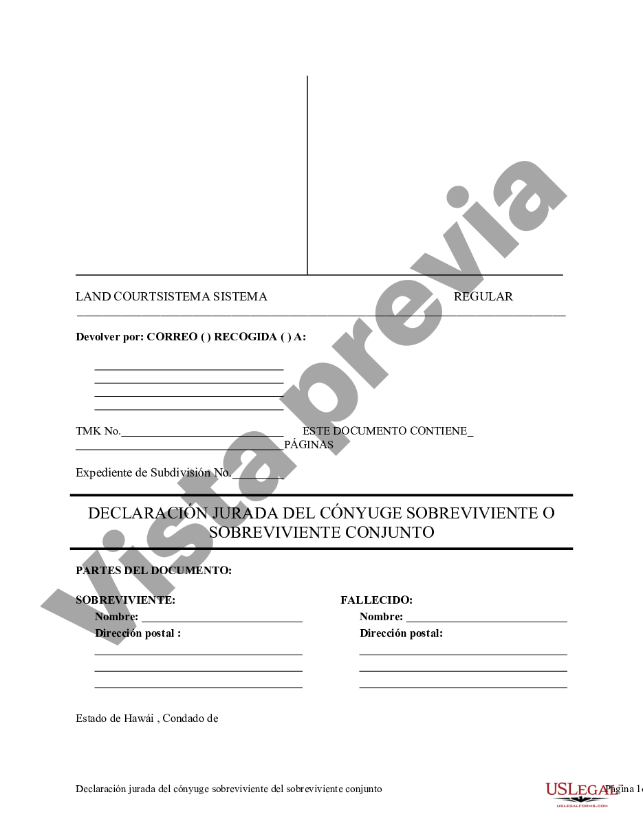 Hawaii Declaración Jurada Del Cónyuge Sobreviviente O Sobreviviente Conjunto Us Legal Forms 9260