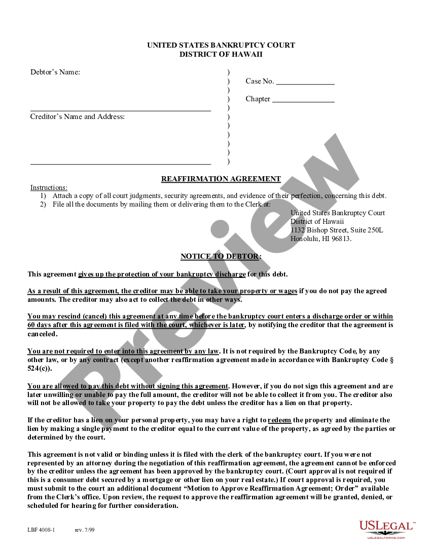 Hawaii Reaffirmation Agreement Us Legal Forms 7024