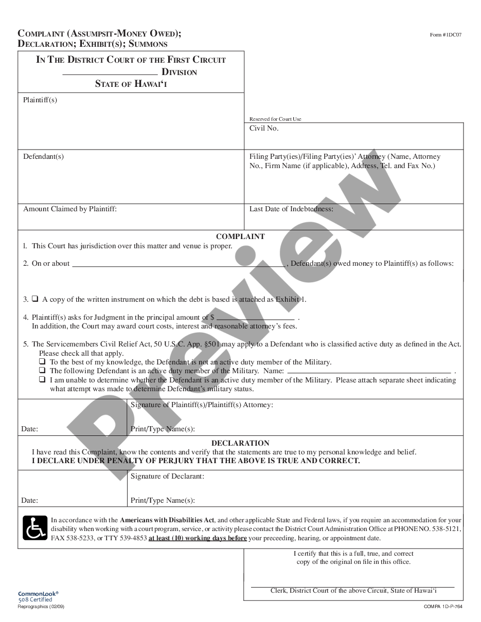 form Complaint regarding Assumpsit - Money Owed preview
