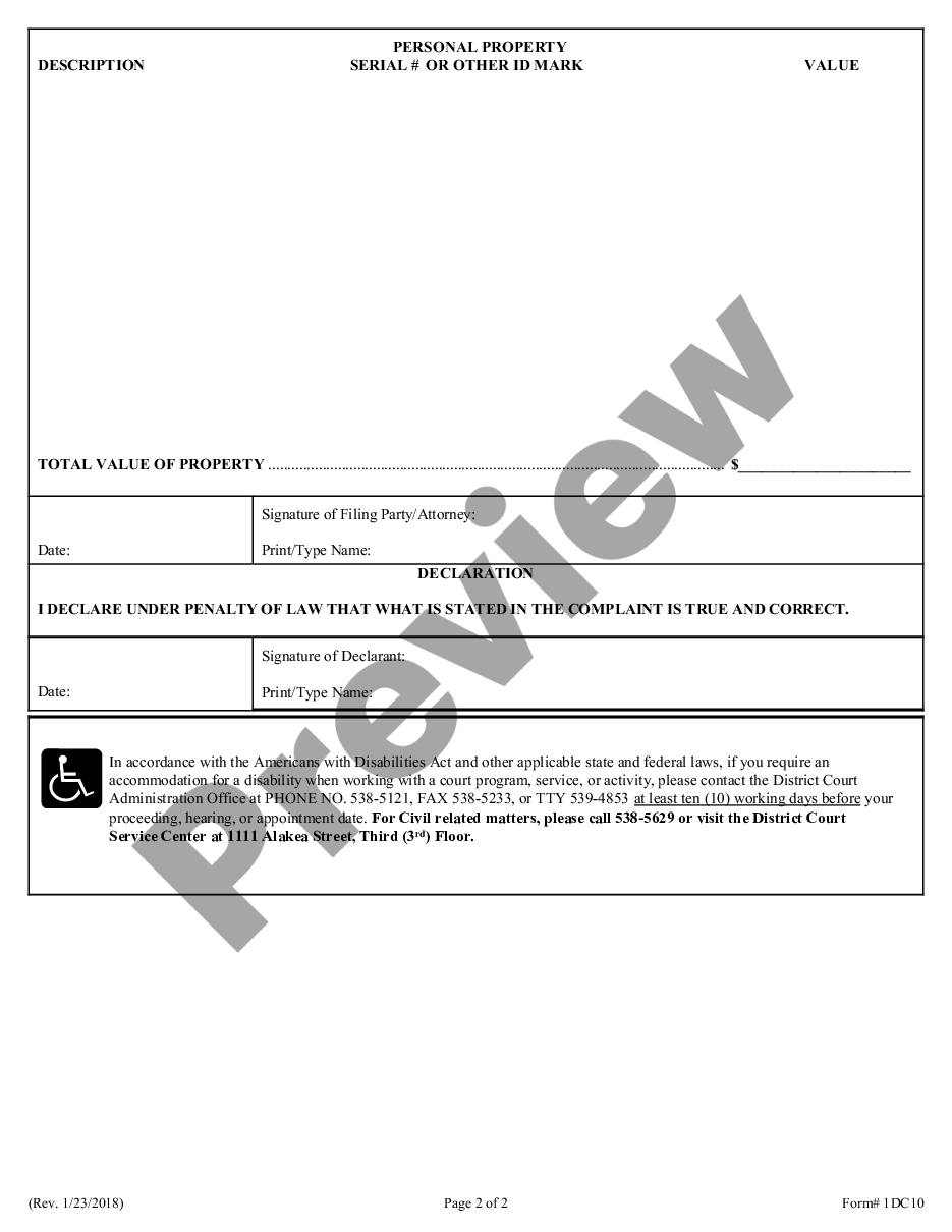 form Complaint regarding Replevin or Repossession preview