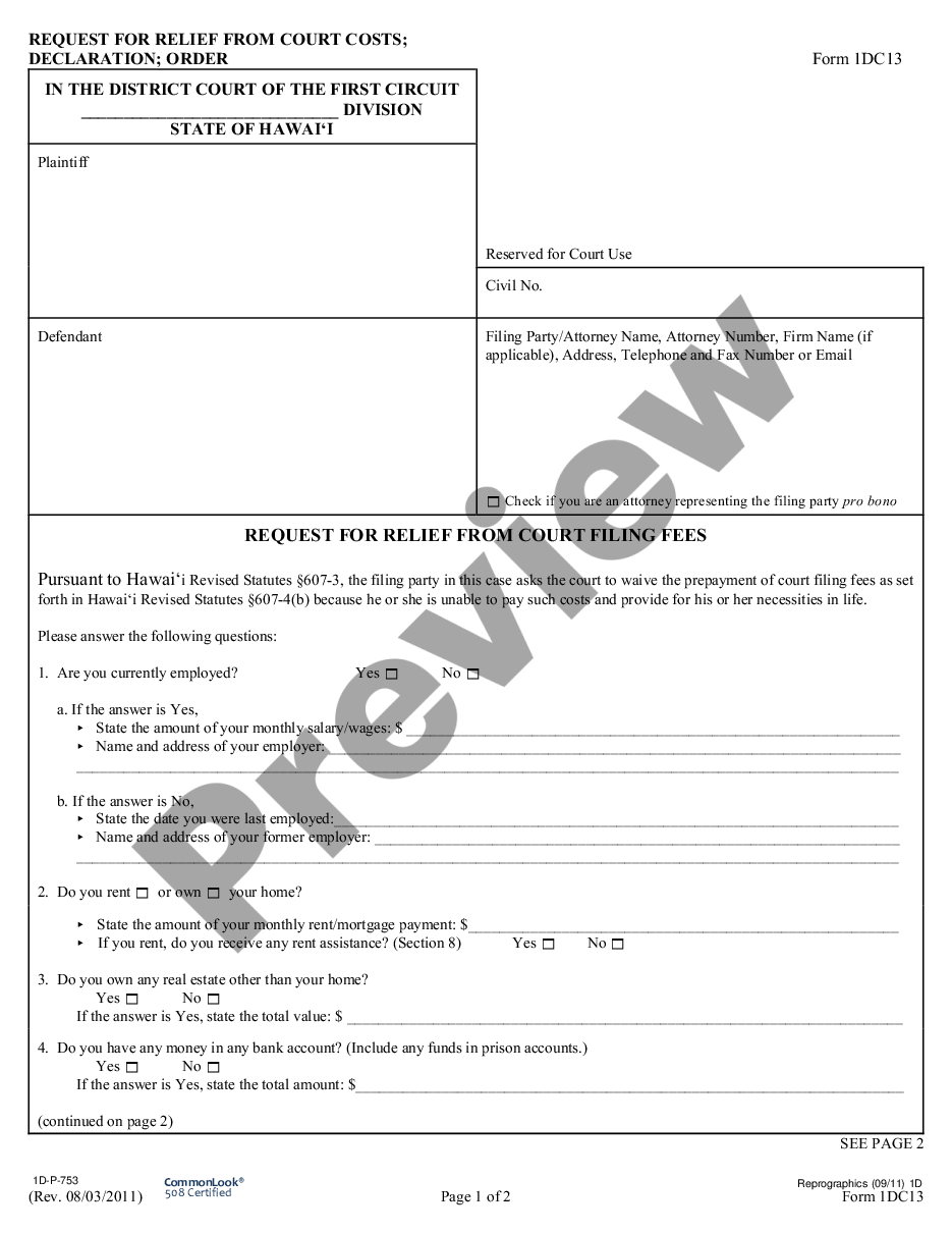 form Cost Relief From Filing Fees preview