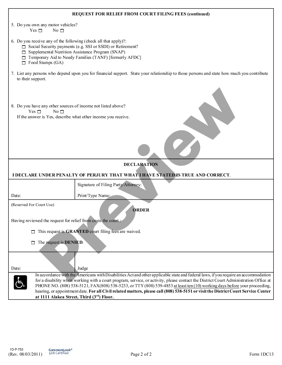 form Cost Relief From Filing Fees preview