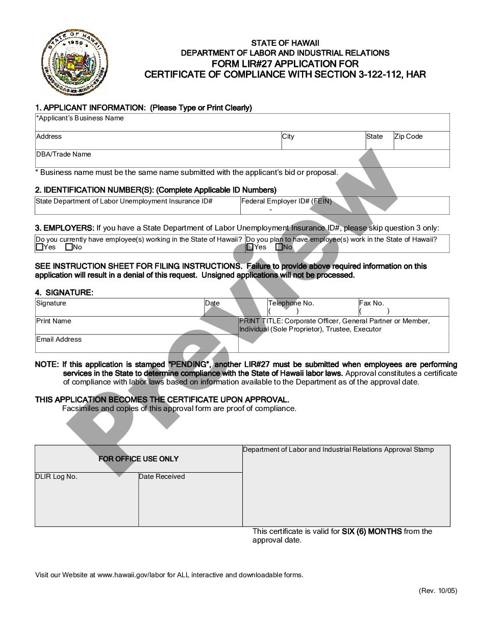 Hawaii Application for Certificate of Compliance with Section 3 122