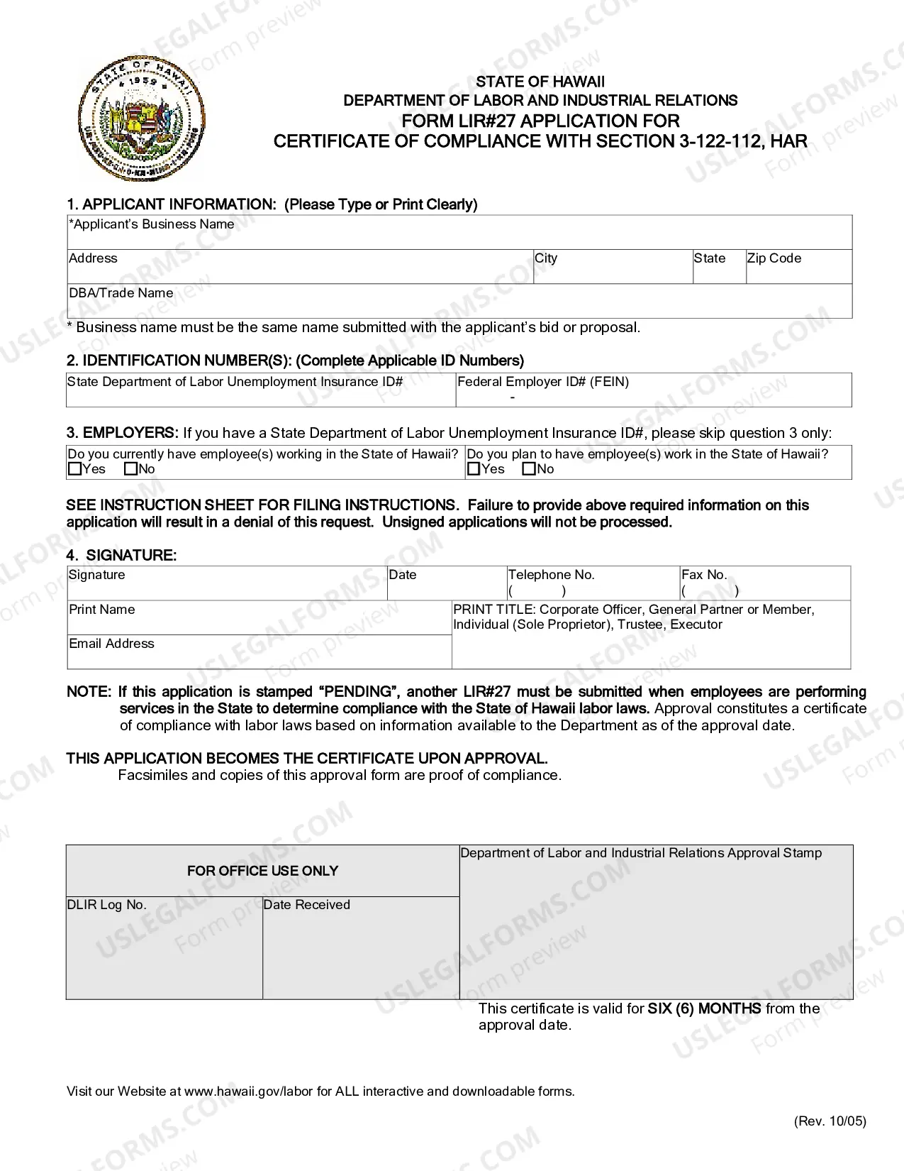 Preview Application for Certificate of Compliance with Section 3-122-112 HAR