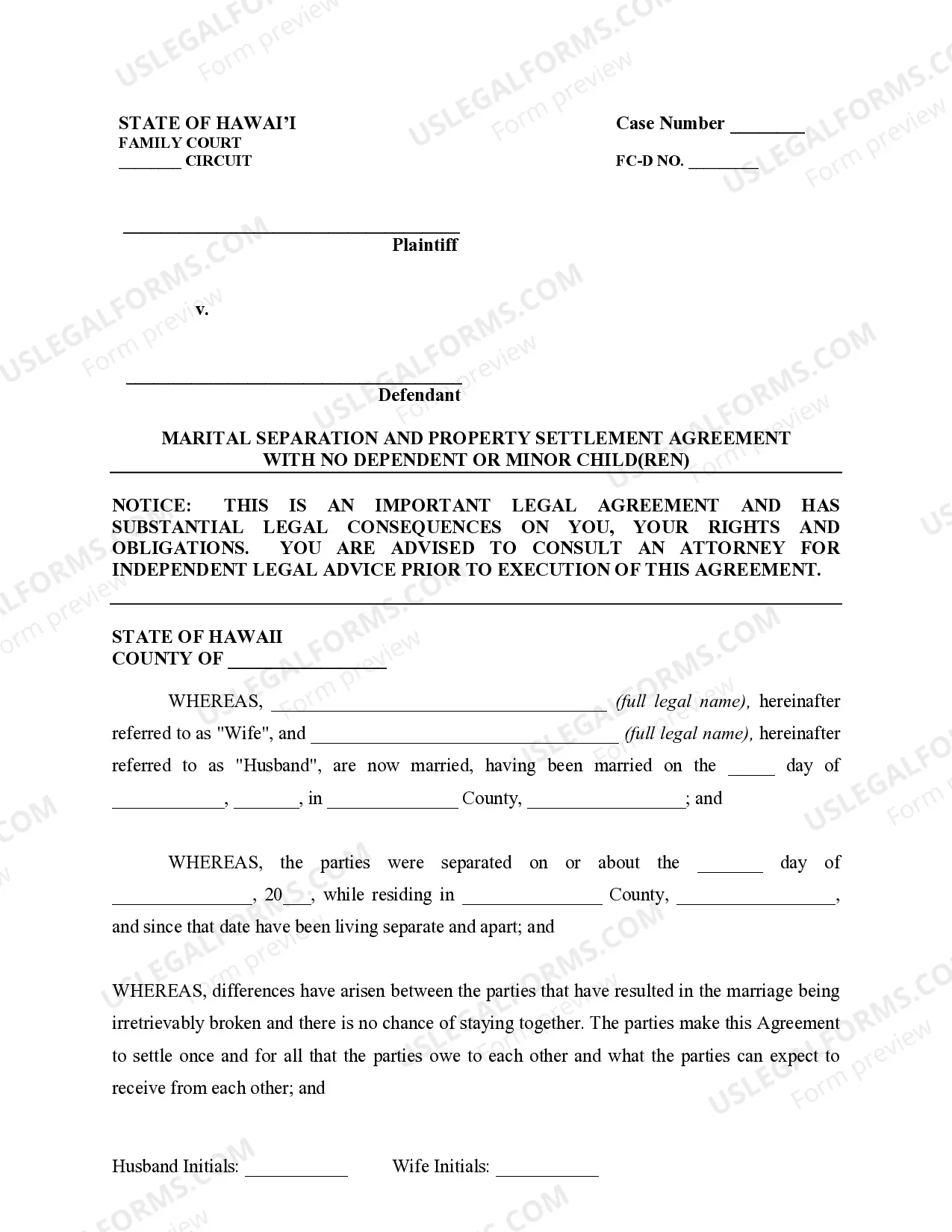 Preview Marital Legal Separation and Property Settlement Agreement for persons with No Children, No Joint Property or Debts where Divorce Action Filed