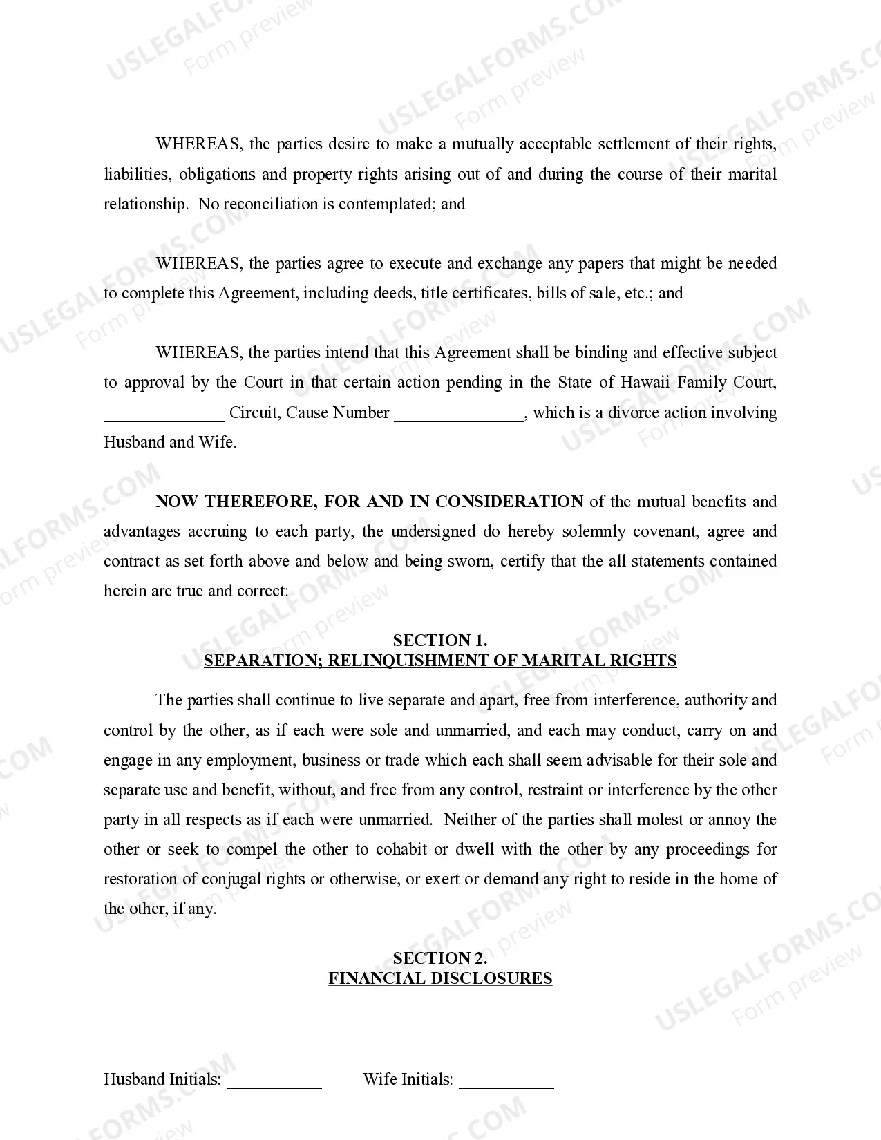 Preview Marital Legal Separation and Property Settlement Agreement for persons with No Children, No Joint Property or Debts where Divorce Action Filed