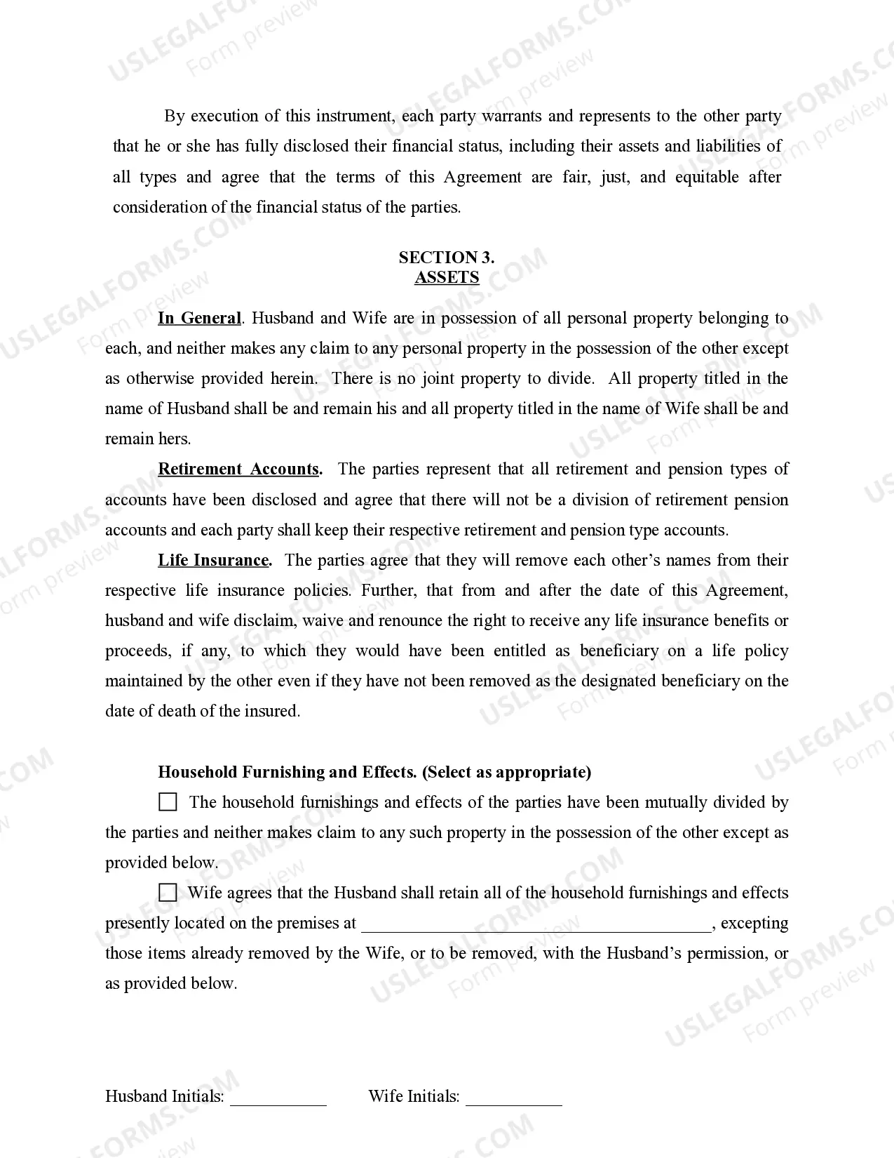 Preview Marital Legal Separation and Property Settlement Agreement for persons with No Children, No Joint Property or Debts where Divorce Action Filed